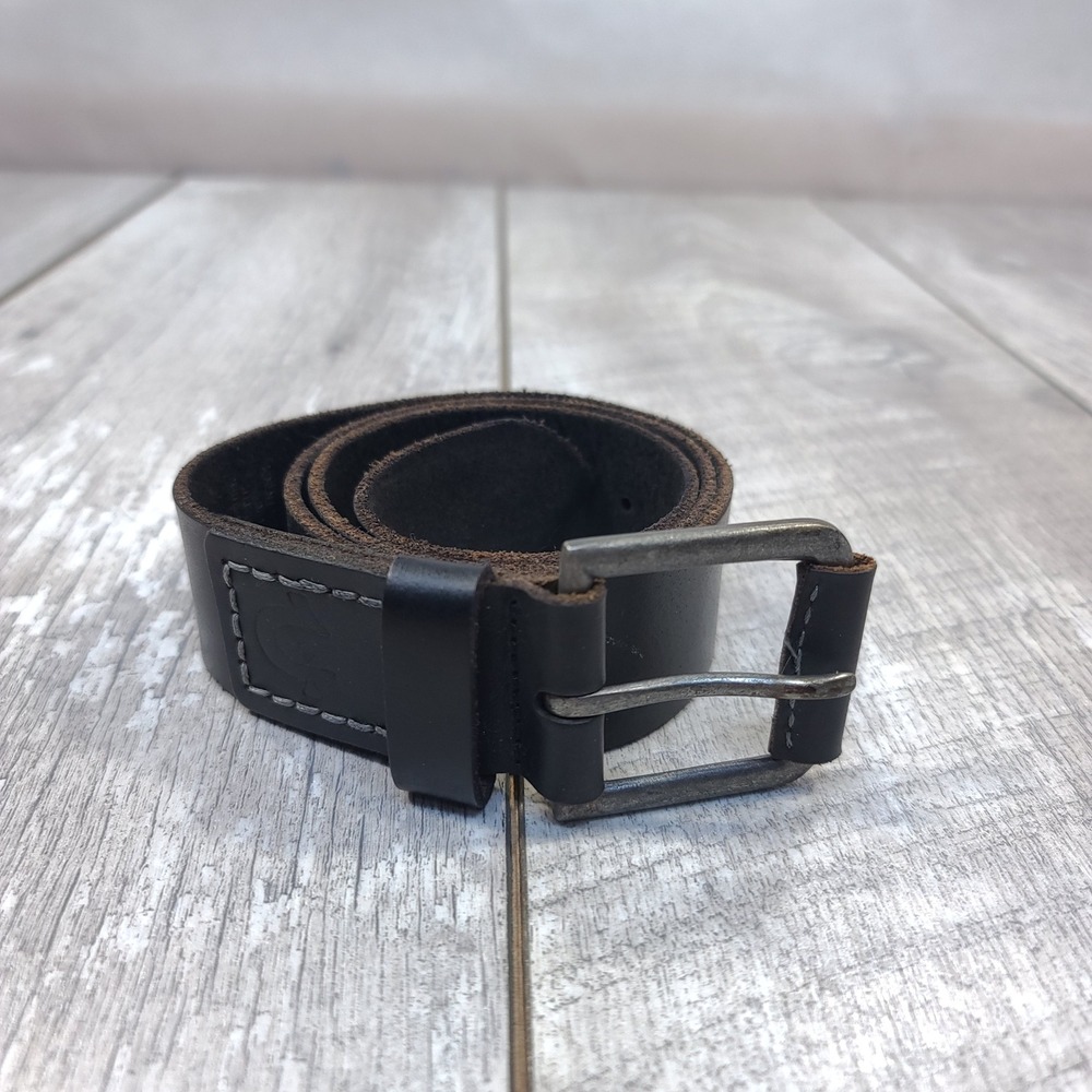 True Religion Belt Mens 32 Black Embossed Horseshoe Leather Tab Buckle